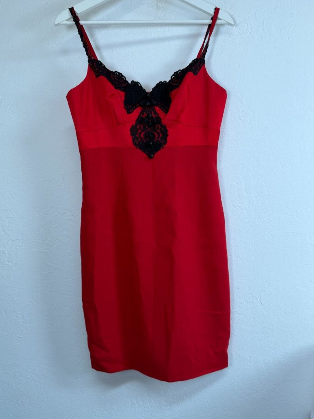 Charles Chang-Lima Red Black Lace-Trimmed Wool Blend Sheath Dress Size 4 Lined